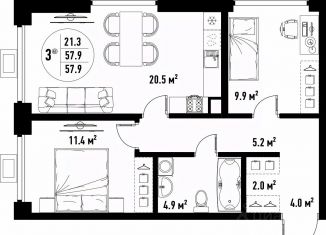 Продам 3-ком. квартиру, 57.9 м2, Астрахань, Советский район, улица Бэра, 29