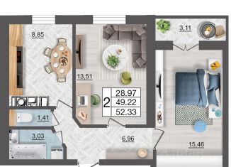 Продается двухкомнатная квартира, 52.33 м2, Смоленск