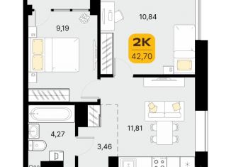 Продам 2-ком. квартиру, 39.57 м2, посёлок Трудовое