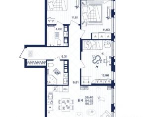Продается трехкомнатная квартира, 86.37 м2, Тула