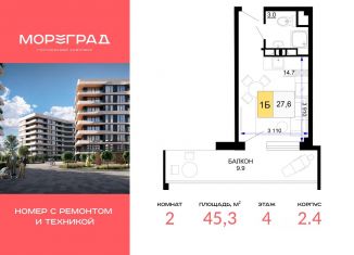 Продам 2-ком. квартиру, 45.3 м2, Анапа