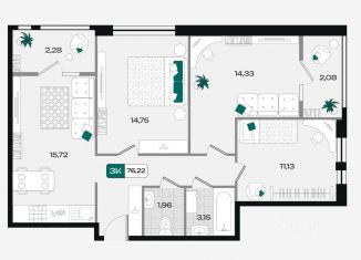 Продам 3-комнатную квартиру, 76.22 м2, Краснодар