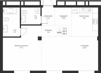 Однокомнатная квартира на продажу, 68 м2, Казань