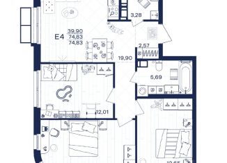 3-комнатная квартира на продажу, 74.83 м2, Тула