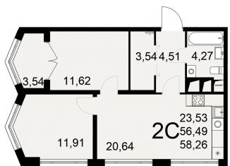2-ком. квартира на продажу, 56.49 м2, Тула