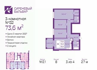 Продам 3-комнатную квартиру, 73.6 м2, Калининград