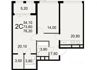 Продажа 2-ком. квартиры, 76.2 м2, Тула, улица Фёдора Смирнова, 2