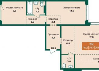 Продаю трехкомнатную квартиру, 76.6 м2, Барнаул, Индустриальный район
