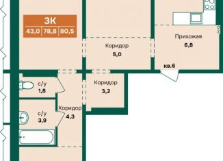 Продажа трехкомнатной квартиры, 82.4 м2, Барнаул, Индустриальный район