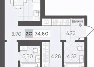 Продается двухкомнатная квартира, 74.8 м2, Тюмень