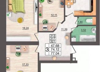 Продам 3-ком. квартиру, 77.04 м2, Смоленск