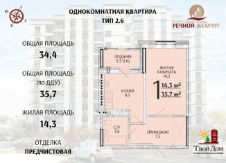 Однокомнатная квартира на продажу, 39.3 м2, Батайск