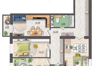 Трехкомнатная квартира на продажу, 95.25 м2, Смоленск, Промышленный район