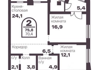 Продаю 2-комнатную квартиру, 70.4 м2, Челябинск, Тракторозаводский район