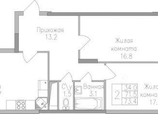 Продам двухкомнатную квартиру, 73.4 м2, Липецк