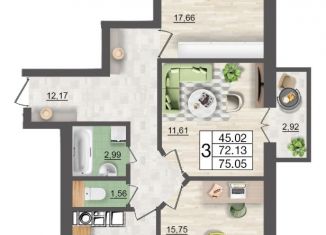 Продается трехкомнатная квартира, 75.05 м2, Смоленск, Промышленный район