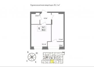 Продам однокомнатную квартиру, 35.3 м2, Тула