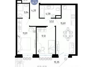 Продается двухкомнатная квартира, 68.79 м2, Рязанская область