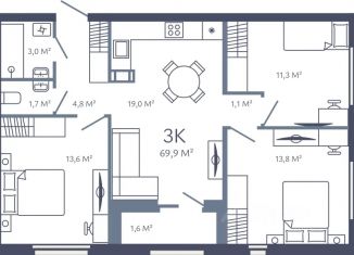 Продажа 3-ком. квартиры, 69.9 м2, Кудрово
