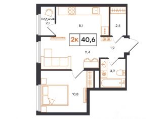 Продажа двухкомнатной квартиры, 40.6 м2, Тюмень