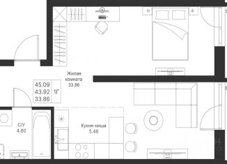 Продаю 1-ком. квартиру, 45.09 м2, Казань, Советский район